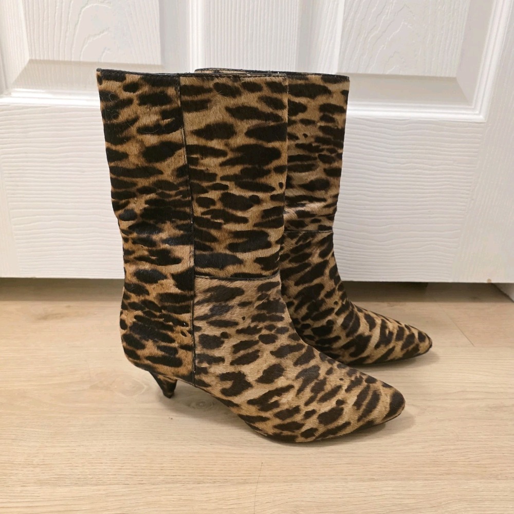 VINCE CAMUTO Tan Animal Print Cow Hair Rastel Heeled Mid Calf Pull On Boots 7.5M